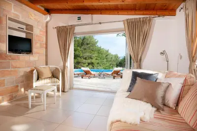 TV i/ili zabavni centar u objektu Luxury Villa Zlatni Rat with Pool, Near Zlatni Rat Beach, Bol